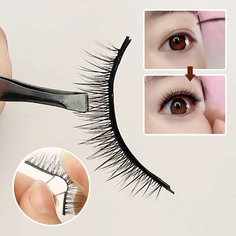 "Självhäftande återanvändbara ögonfransar i närbild, visar elastisk remsa och elegant form, ideal för daglig makeup."