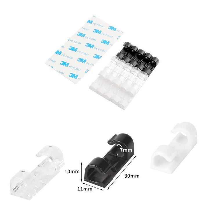 Självhäftande kabelclips för kablar, svart och transparent design, 20-pack, för hem och kontorsorganisering.