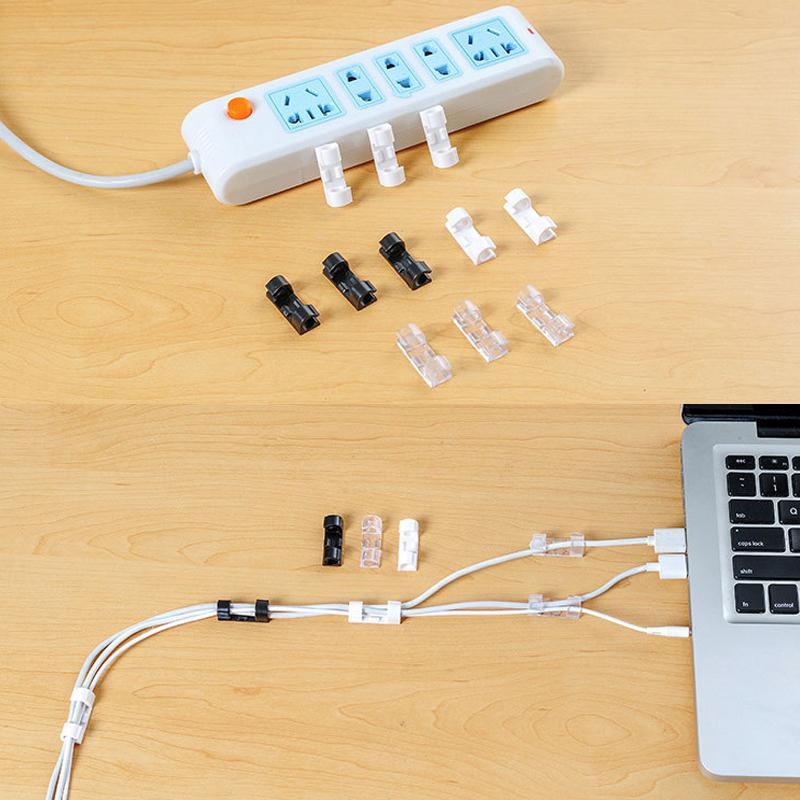 Självhäftande kabelclips för kablar, svart och transparent design, 20-pack, för hem och kontorsorganisering.