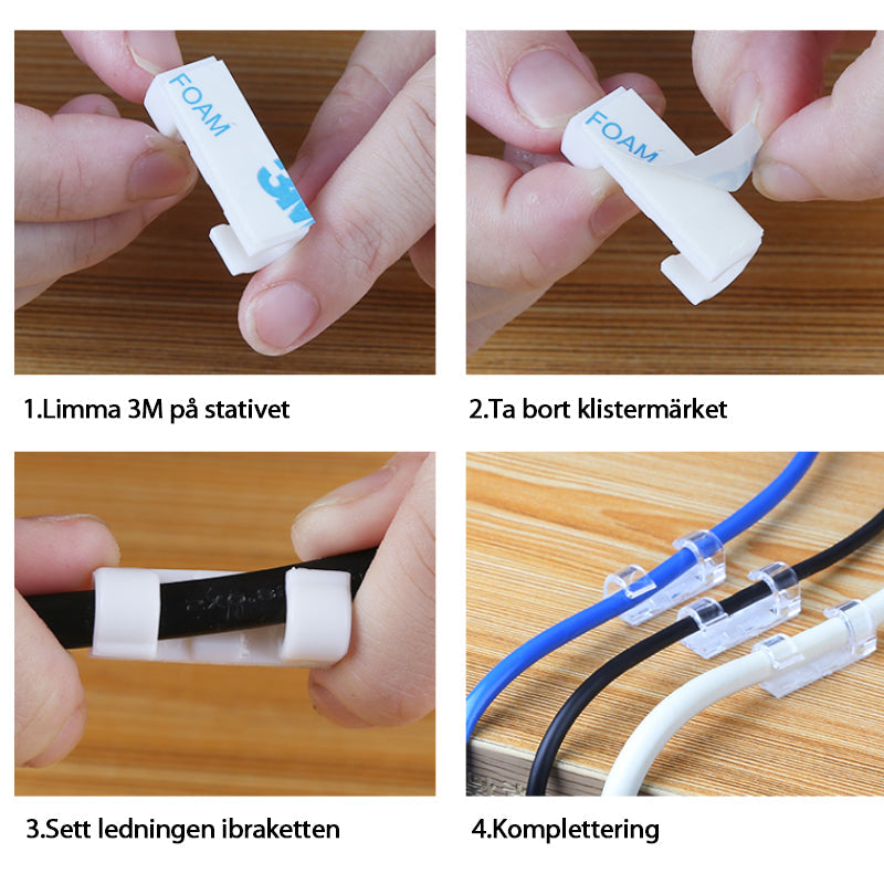 Självhäftande kabelclips för kablar, svart och transparent design, 20-pack, för hem och kontorsorganisering.