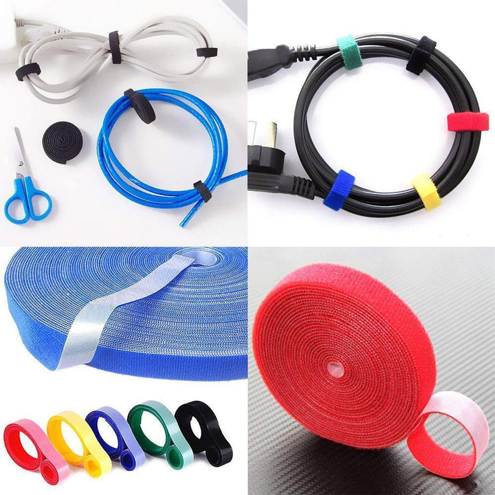 Självhäftande nylon kablageband i vitt för kabelhantering och organisering i hem och kontor, justerbar längd.