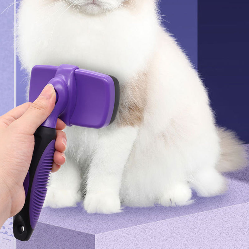 "Självrengörande djurborste för hundar och katter, ergonomisk design med gult handtag, enkel för pälsvård."