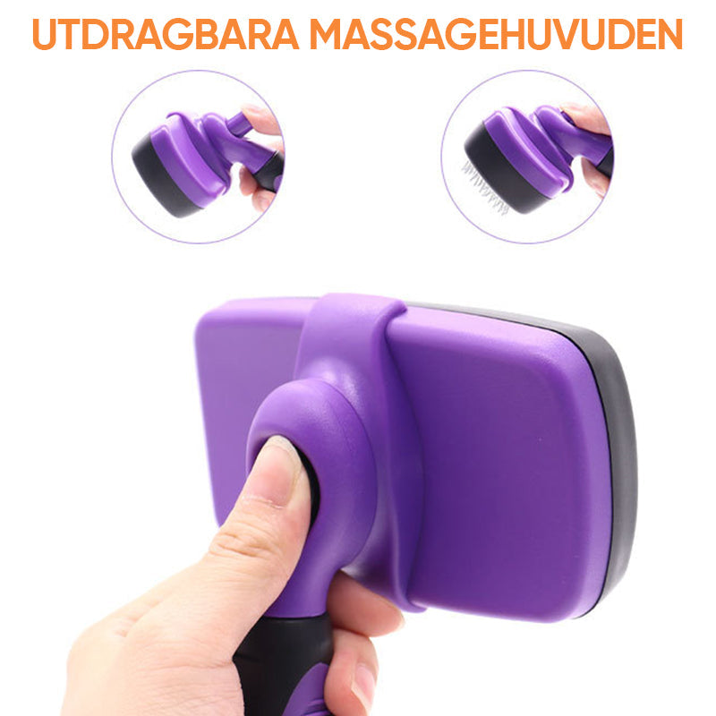 "Självrengörande djurborste för hundar och katter, ergonomisk design med gult handtag, enkel för pälsvård."