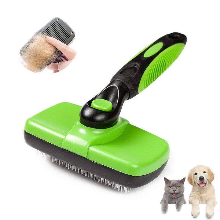 "Självrengörande djurborste för hundar och katter, ergonomisk design med gult handtag, enkel för pälsvård."
