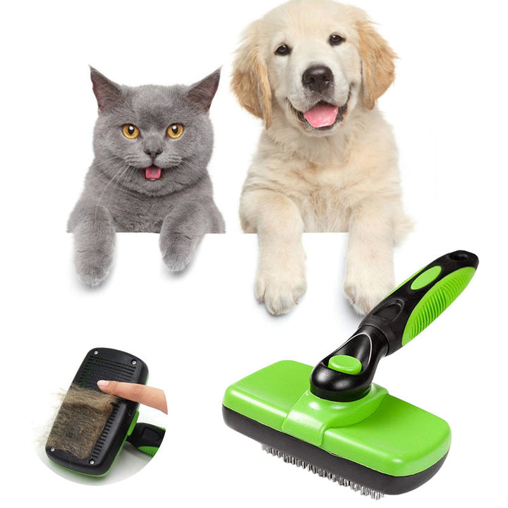 "Självrengörande djurborste för hundar och katter, ergonomisk design med gult handtag, enkel för pälsvård."