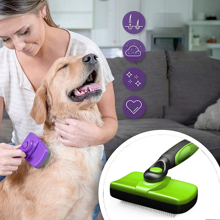 "Självrengörande djurborste för hundar och katter, ergonomisk design med gult handtag, enkel för pälsvård."