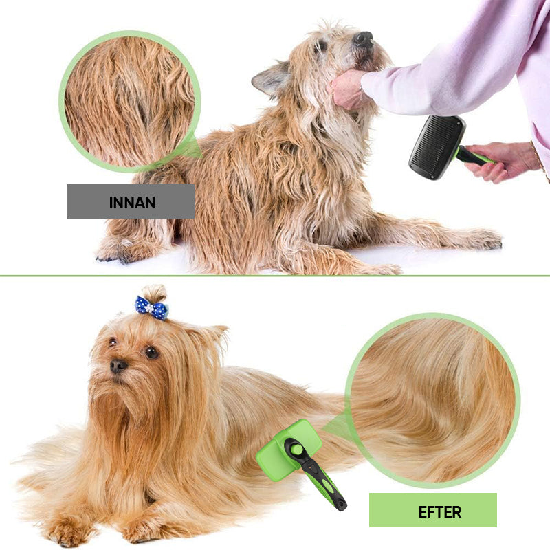 "Självrengörande djurborste för hundar och katter, ergonomisk design med gult handtag, enkel för pälsvård."