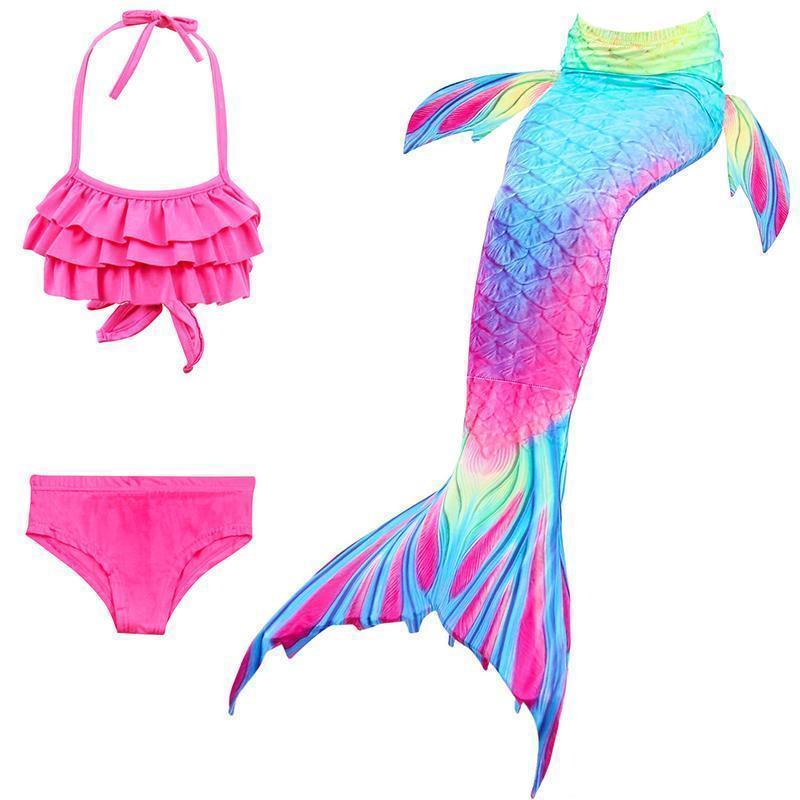 "Sjöjungfru bikini barn rosa blå nyanser, 3-delars set med topp, bikinitrosa och utsmyckbar svans."