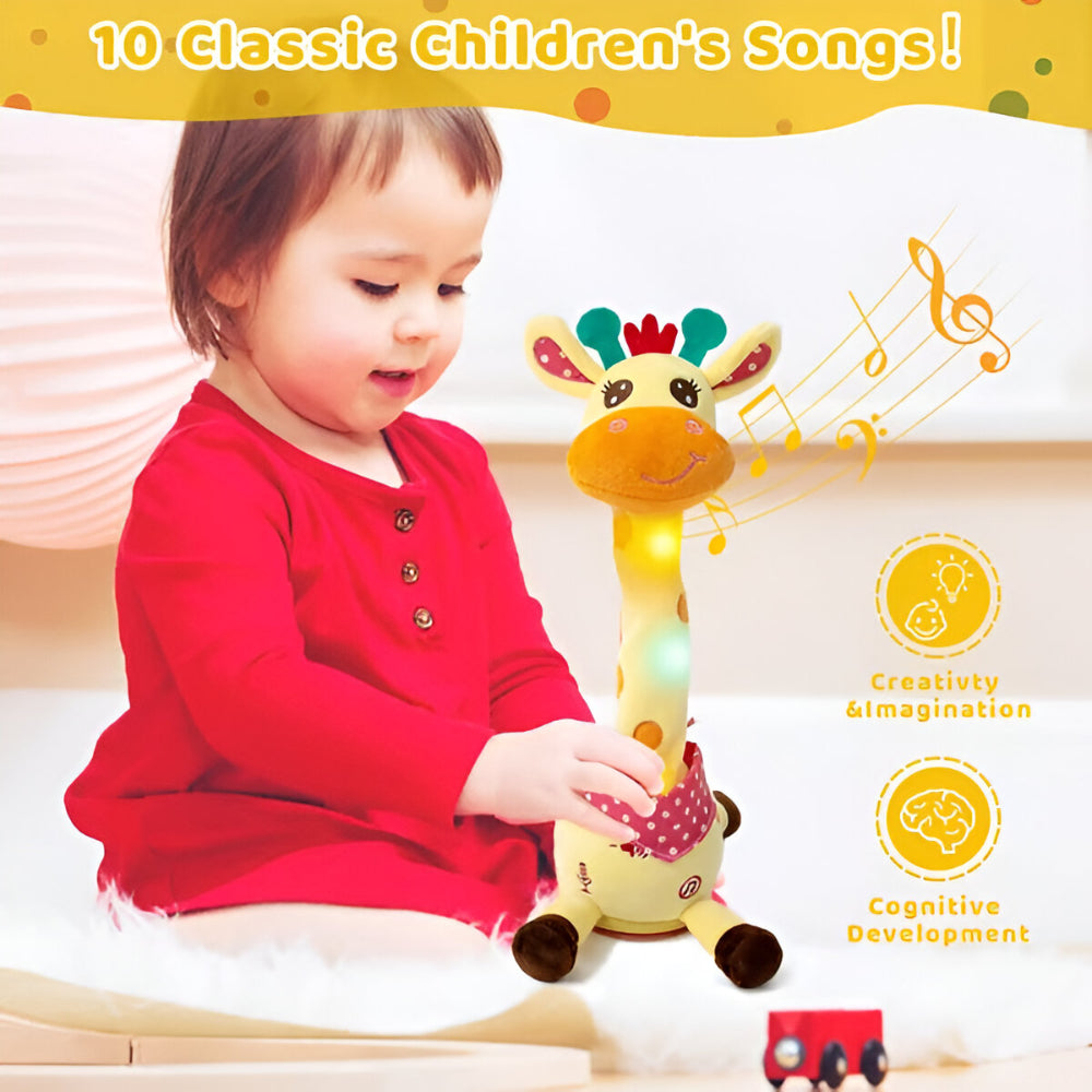 Trygg och rolig musikalisk leksak i plysch föreställande en giraff