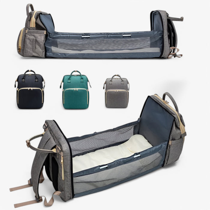 Innovativ multifunktionell skötväska med utfällbar babysäng, idealisk för föräldrar och baby.