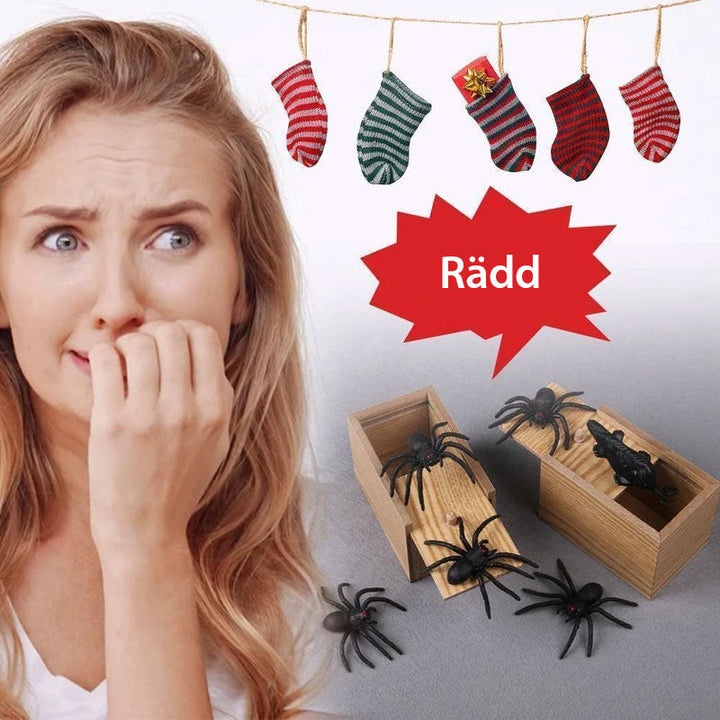 "Skämtlåda av trä med gummispindel, perfekt för prank och skratt, lämplig gåva för familj och vänner"
