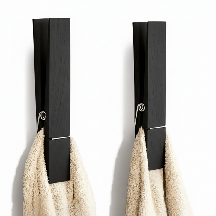 Skandinavisk handdukshållare i massivt trä med fjäderklämma, designad för säker väggmontering.