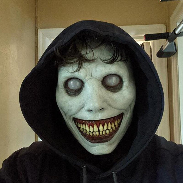 "Skrämmande vuxen latex Halloween mask, vit och grön design, för teater och fest, perfekt till kostymfester."