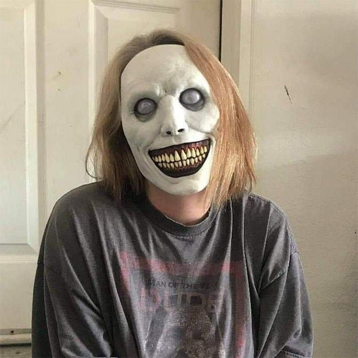 "Skrämmande vuxen latex Halloween mask, vit och grön design, för teater och fest, perfekt till kostymfester."