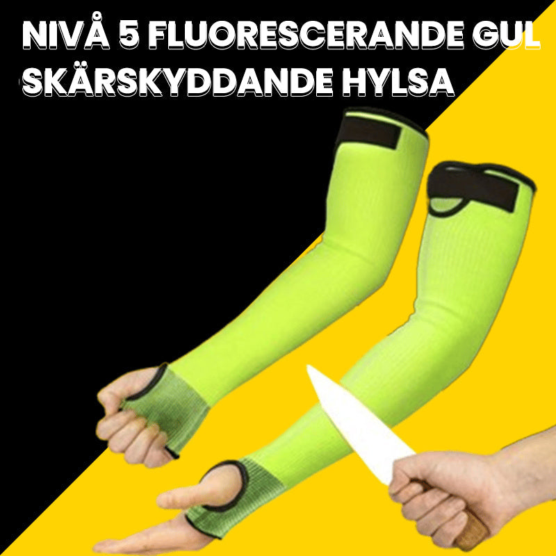 Gula och orange skyddsärmar med tumhål för arbetssäkerhet, lämpliga för industriellt och dagligt bruk.