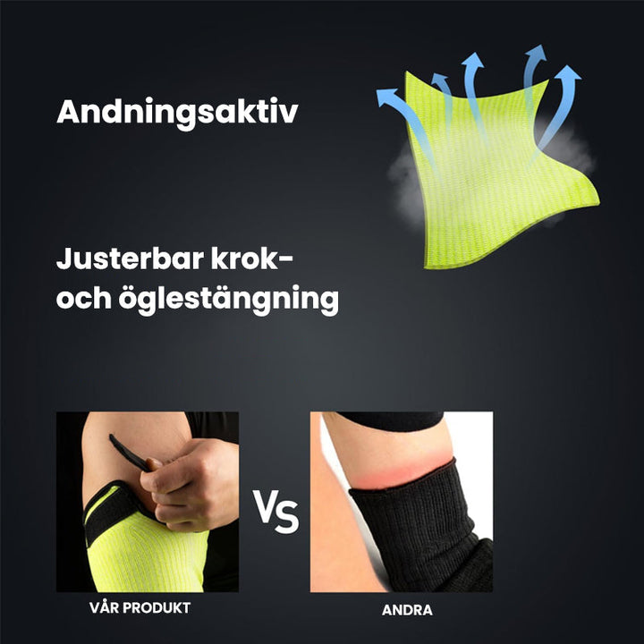 Gula och orange skyddsärmar med tumhål som visar flexibilitet och skydd vid arbete.