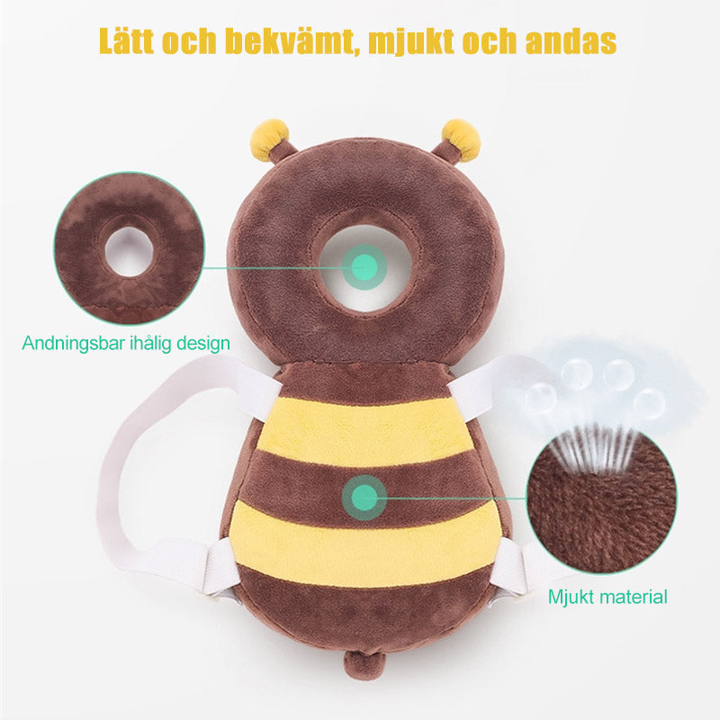"Skyddsryggsäck för bebisar, gul/brun bi, med justerbara remmar, stötskydd och hål för huvud i ryggen, 35x16 cm."