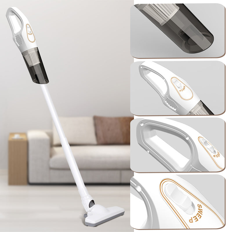Sladdlös handdammsugare, vit/svart, för hem och bil, lätt och ergonomisk design för snabb städning av svåråtkomliga områden.