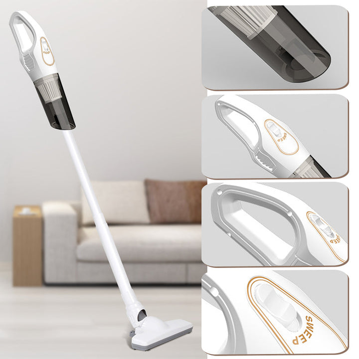 Sladdlös handdammsugare, vit/svart, för hem och bil, lätt och ergonomisk design för snabb städning av svåråtkomliga områden.