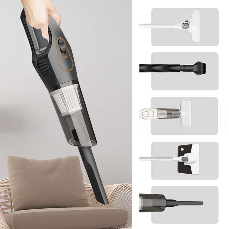 Sladdlös handdammsugare, vit/svart, för hem och bil, lätt och ergonomisk design för snabb städning av svåråtkomliga områden.