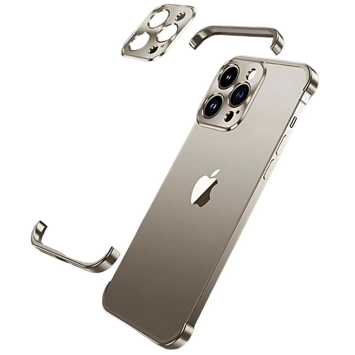 Svart minimalistiskt metallskal monterat på en iPhone