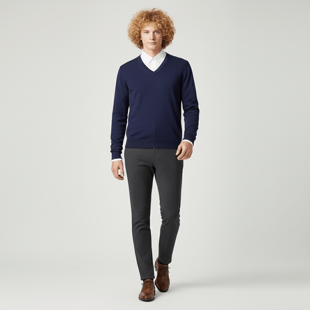 Mjukt stickad slim fit herrtröja med v-ringning. Bekväm vardagströja.