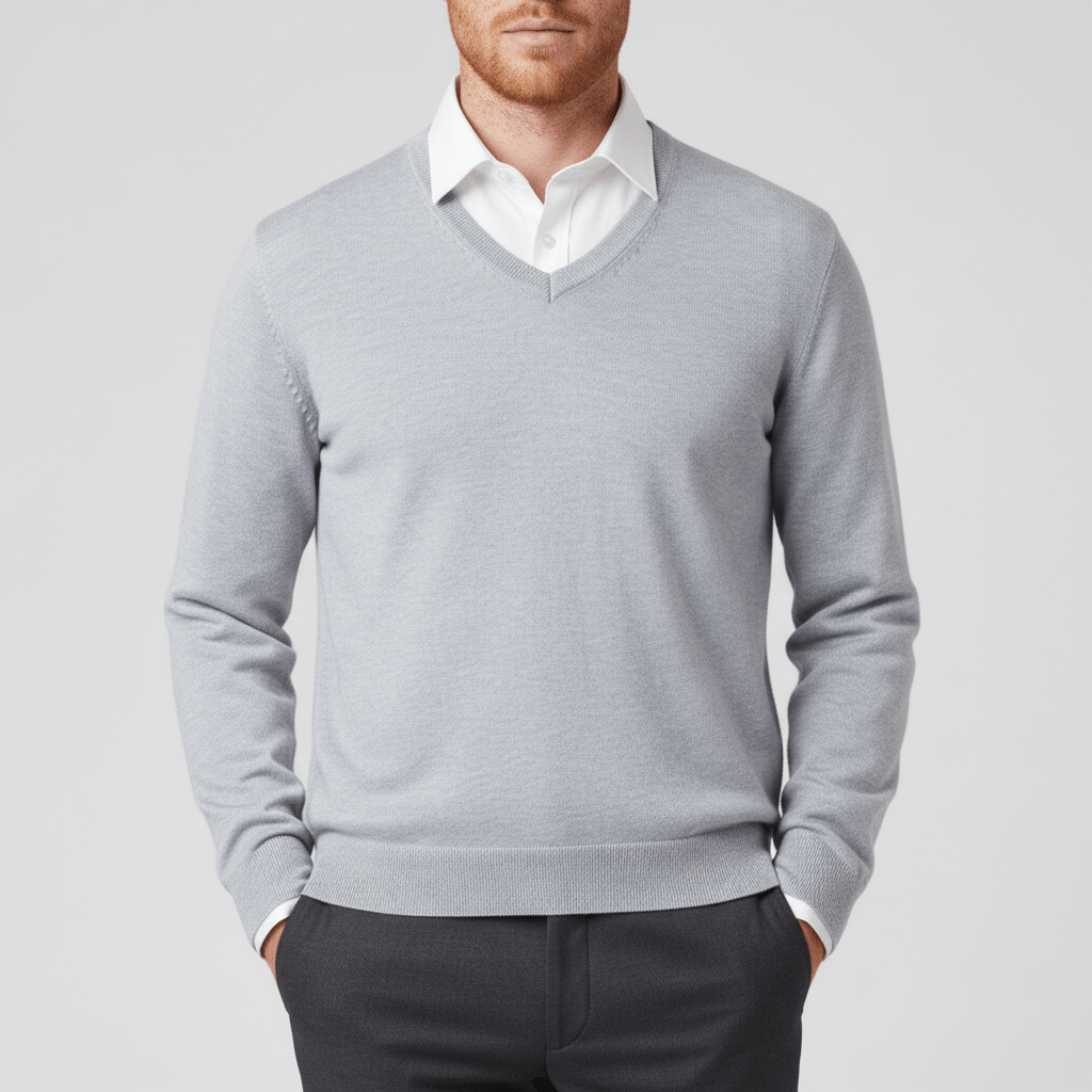 Avslappnad elegans med stickad slim fit v-ringad herrtröja. Idealisk vardagströja.
