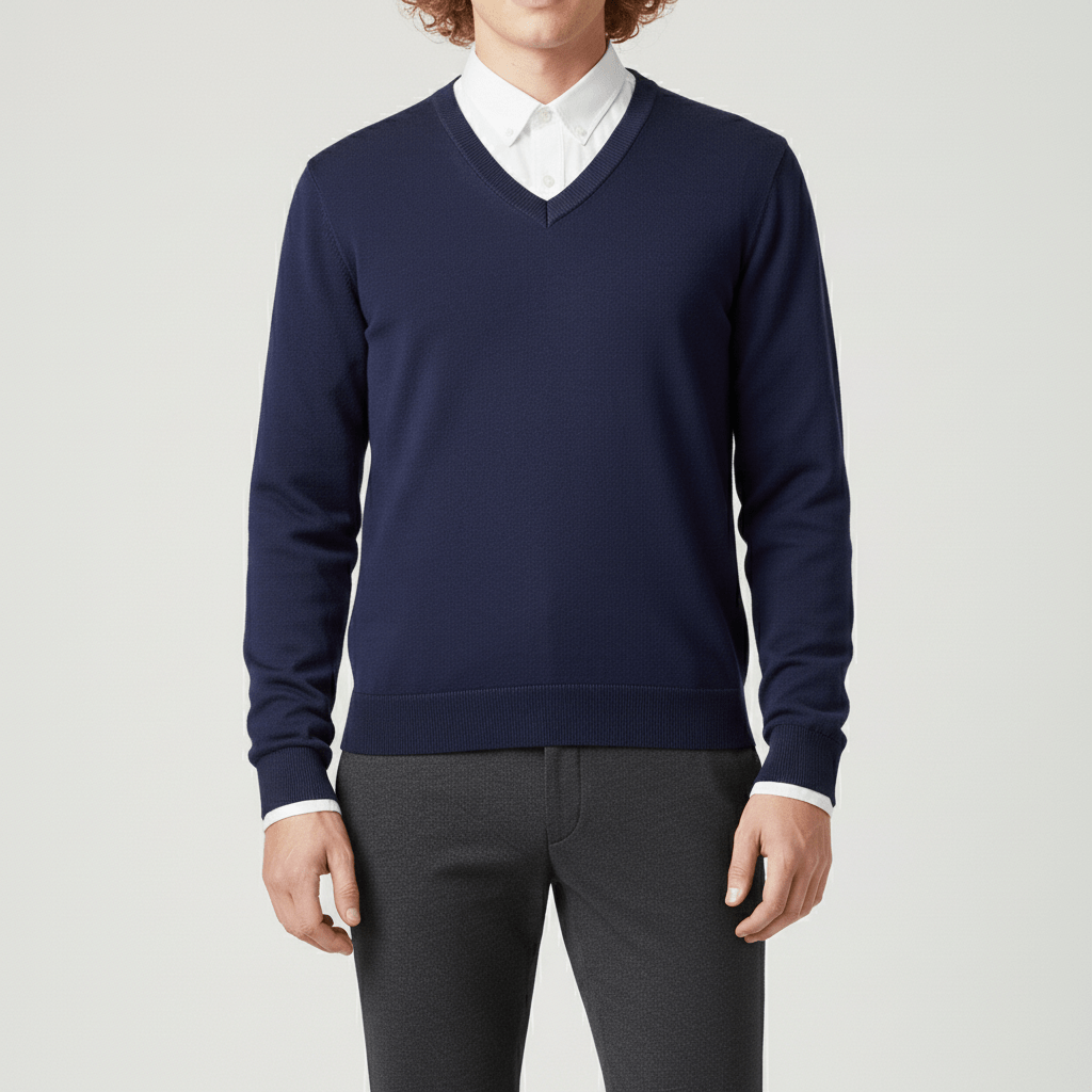 Samtida slim fit v-ringad herrtröja. Skarp stickad tröja för herrmode.