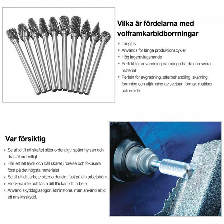 "Slipstiftsats i volframstål för verktyg, 10 unika former, precisionsbearbetning av metall och icke-metall, robust design"