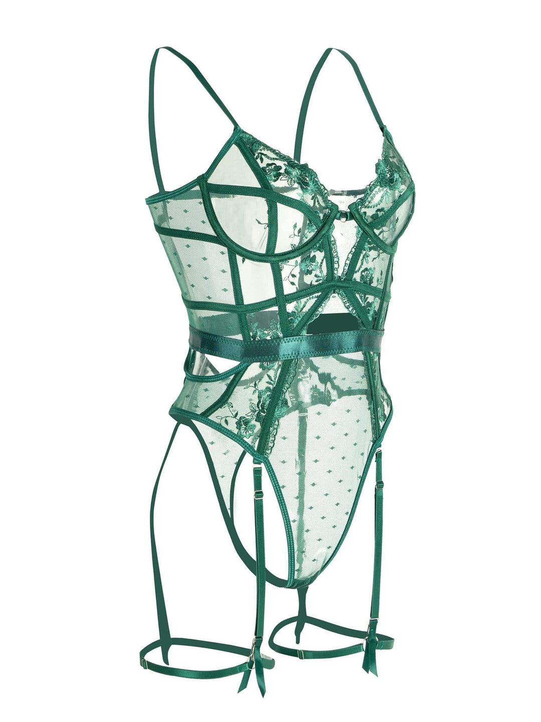 Detaljbild på smaragdgrön body med bygel-bh. Hög kvalitet och sofistikerad design.