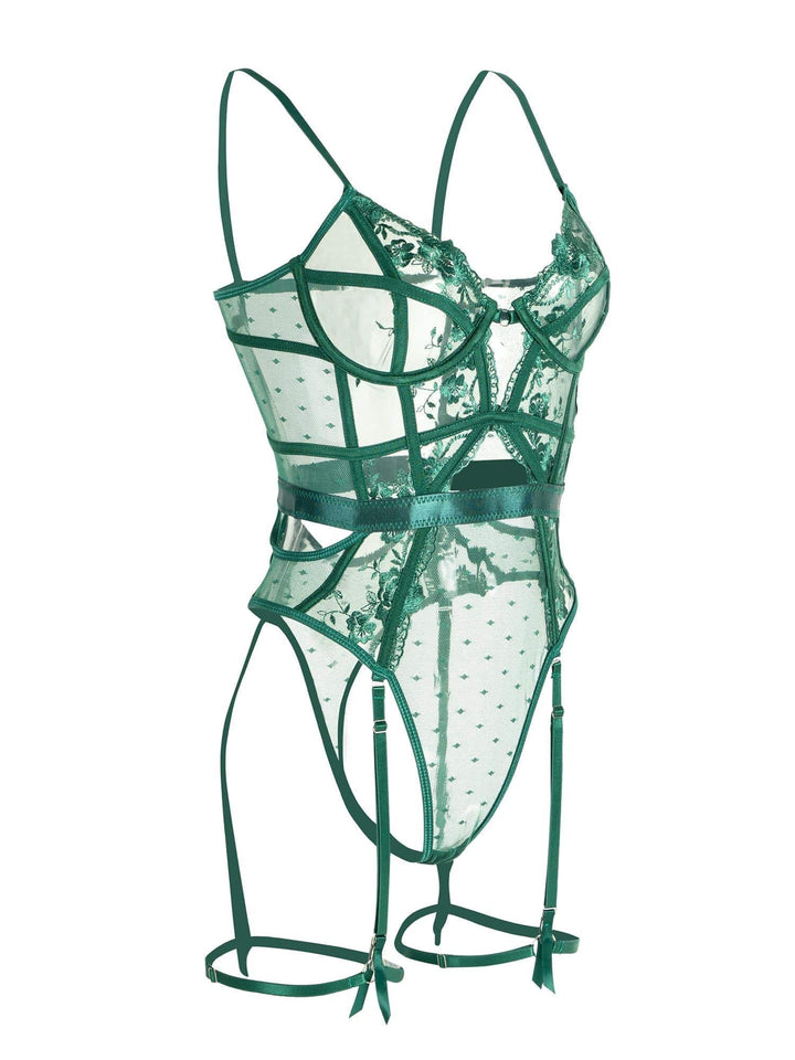 Detaljbild på smaragdgrön body med bygel-bh. Hög kvalitet och sofistikerad design.