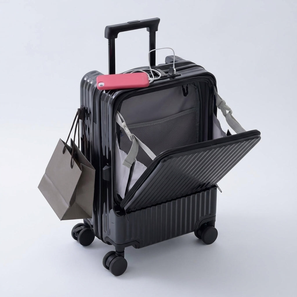 CarryNex smart handbagage med USB-laddning, dryckeshållare & frontöppning. Lättviktig resväska för moderna resor.