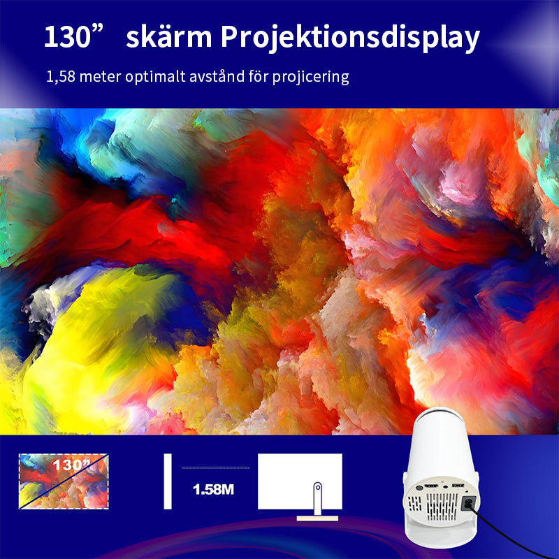 "Smart projektor med 180° roterande projektion, visar färgglad hembiovisning på vit vägg, modern design."