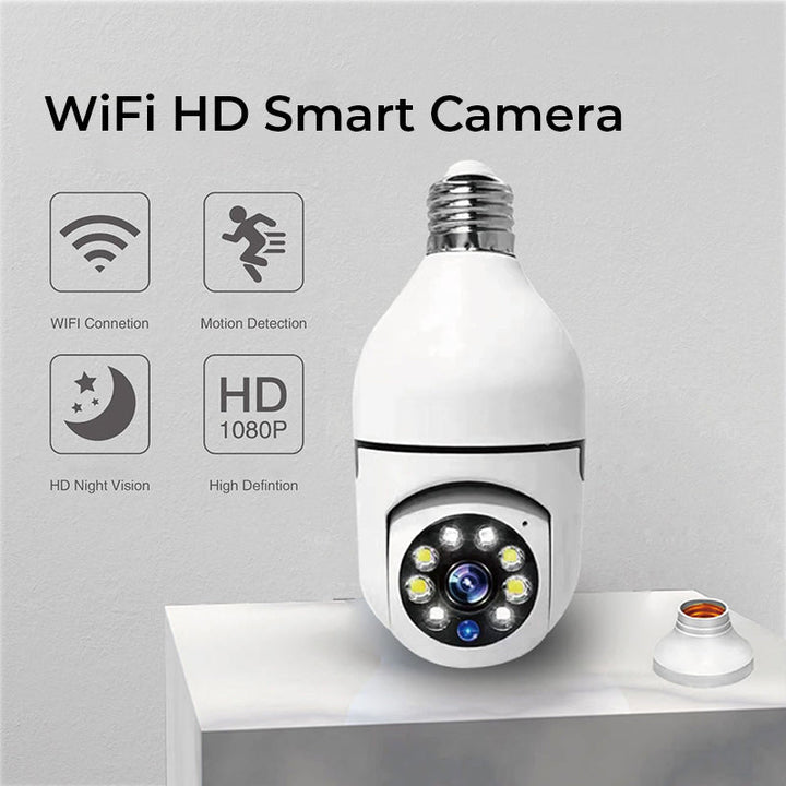 "Smart WiFi HD-kamera med humanoid-detektion, vit design, 360° vy, säkerhetsteknologi för hem och företag."