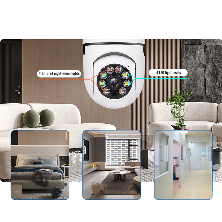 "Smart WiFi HD-kamera med humanoid-detektion, vit design, 360° vy, säkerhetsteknologi för hem och företag."
