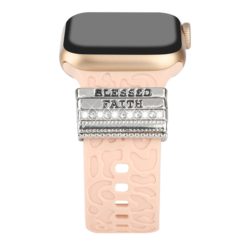 Smartklockband med dekorativa metallringar i gyllene leopardmönster och roséguldstjärnor, elegant stilaccessoar.