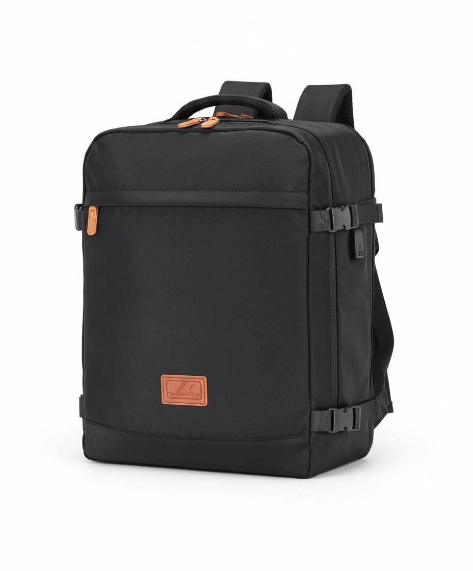 Praktisk handbagage-ryggsäck, perfekt som laptopväska med USB-port och fack för organiserad packning.