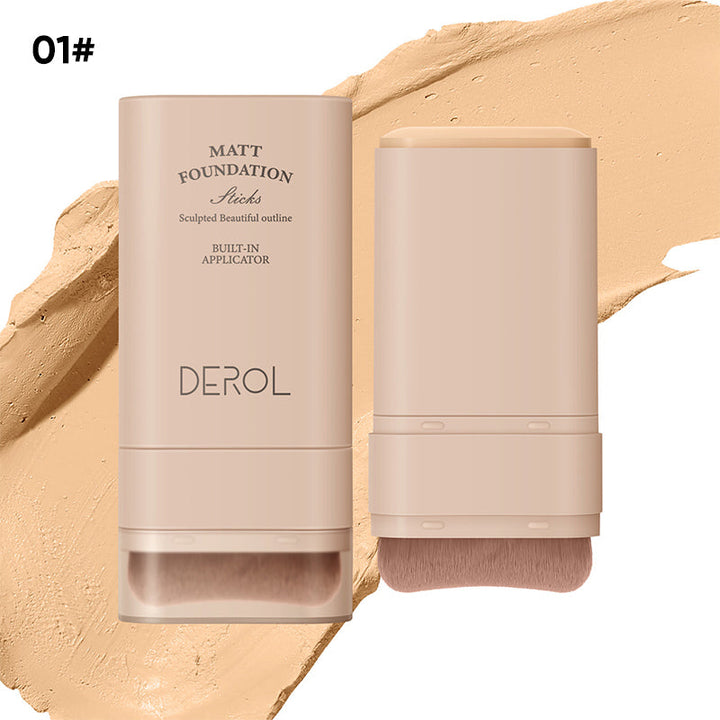 "Sminkstick med inbyggd borste, beige nyans, för enhetlig täckning och naturlig finish, kompakt och resvänlig."