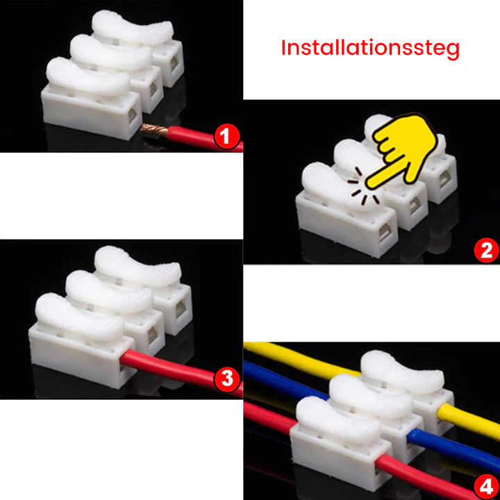 Snabbkopplingsklämma för hushållsinstallationer, robust fjäderstål för säker och snabb anslutning.