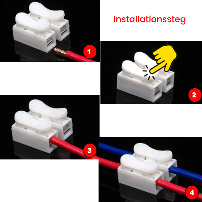 Snabbkopplingsklämma för hushållsinstallationer, robust fjäderstål för säker och snabb anslutning.