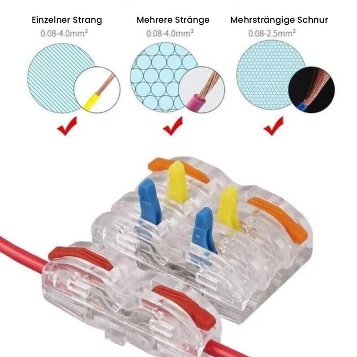 "Snabbkopplingsterminal med flamskydd, verktygslös och kompakt design i grå och transparenta nyanser, 3,9x0,8x1,8 cm."
