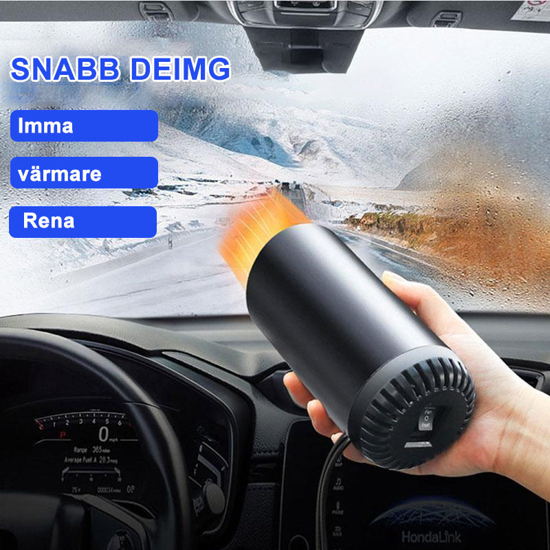 "Snabbvärmande varmluftsfläkt för bil med roterbart fäste, kompakt design, passar perfekt i bilens instrumentbräda."