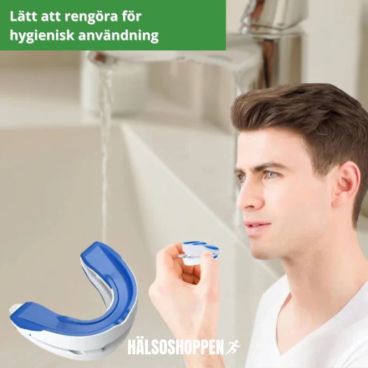Närbild på en ergonomisk snarkskena, en bekväm lösning mot snarkning för djupare sömn.
