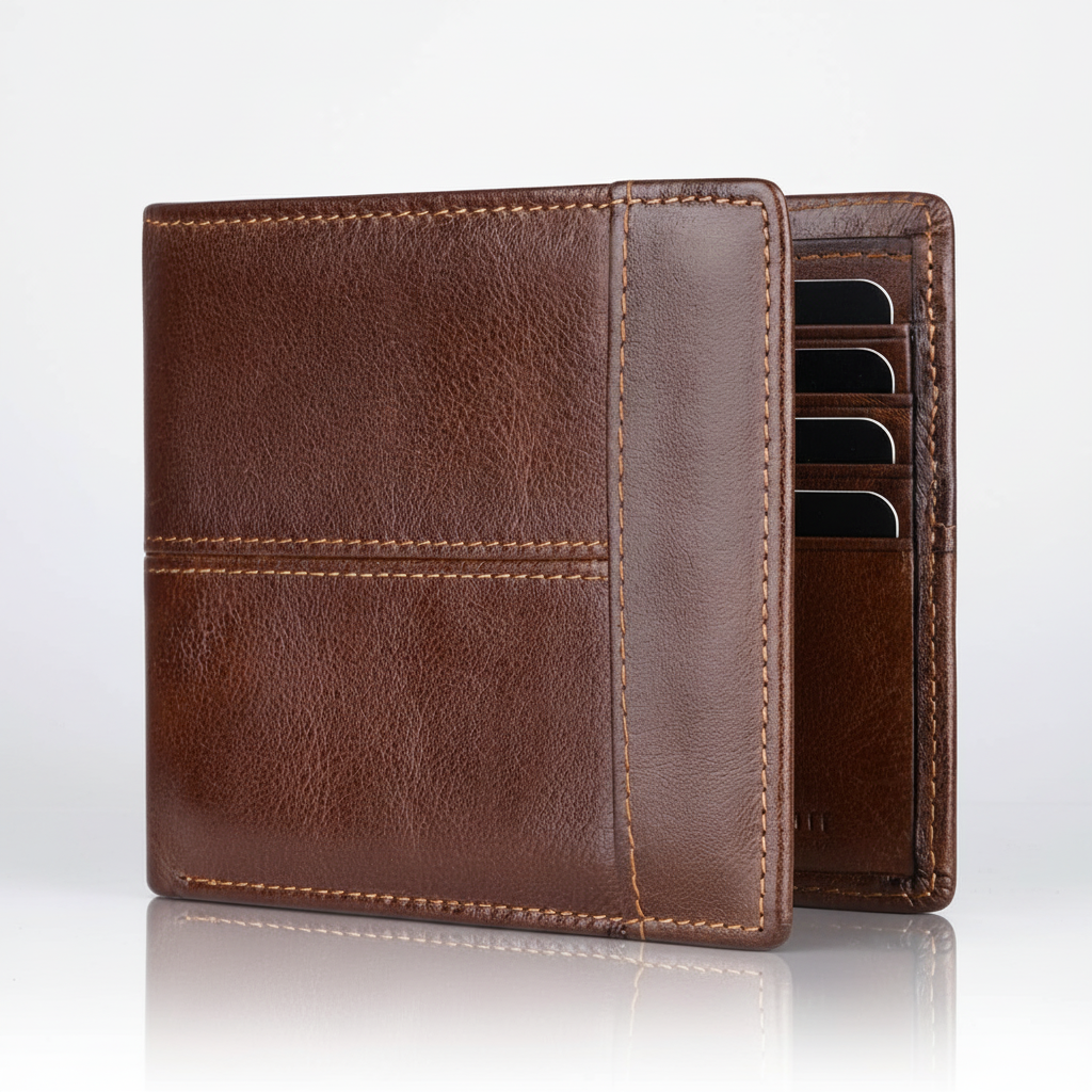 Kompakt bifold herrplånbok i läder med RFID-skydd, rymlig trots sin smidiga design.