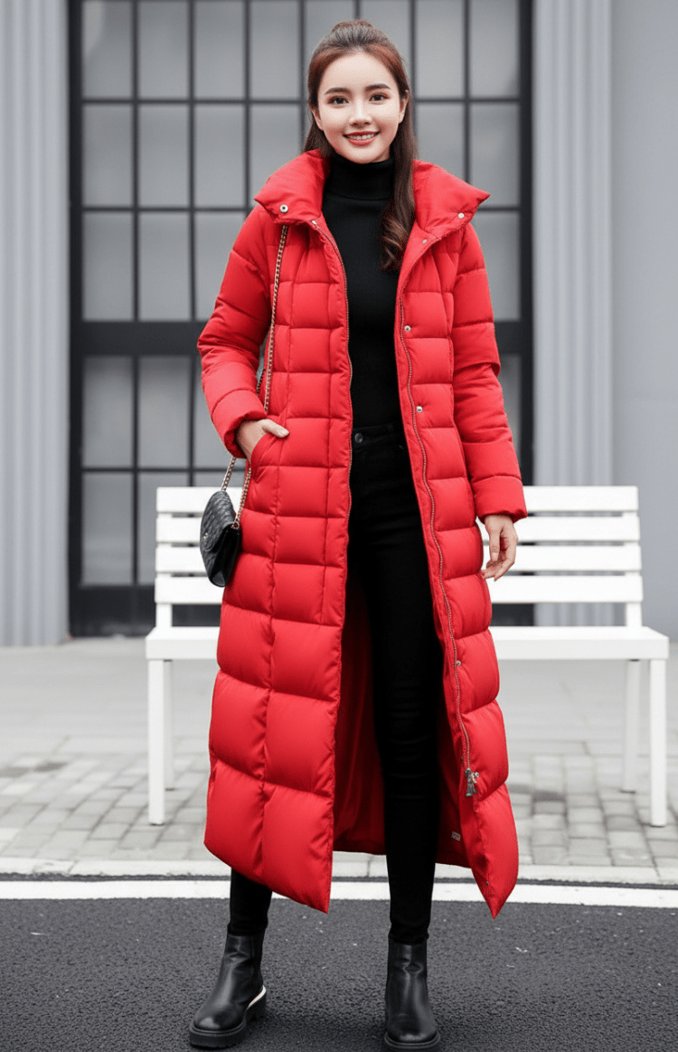 Modern lång damkappa Natalie med huva, vadderad design för maximal värme och stil. Perfekt ytterplagg i vinter.