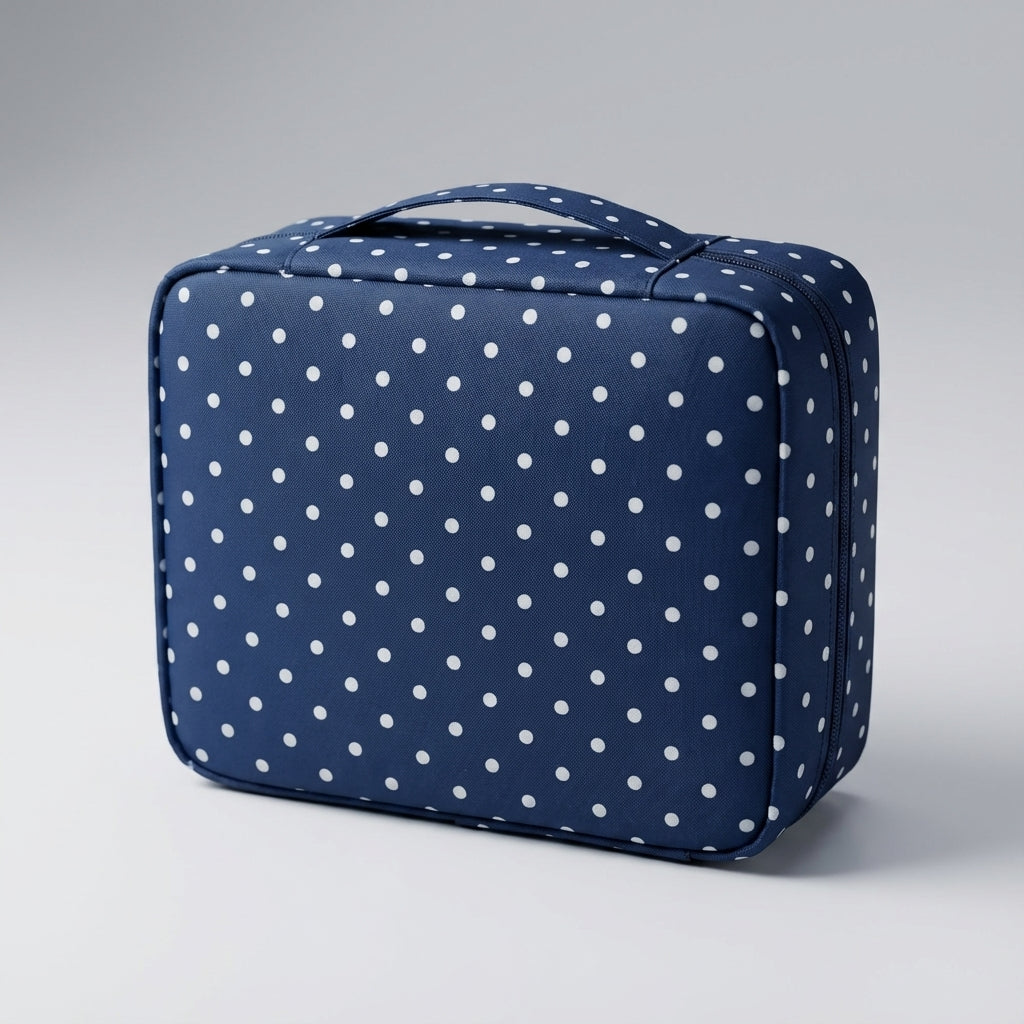 Elegant sminkväska från sidan, visar den kompakta designen för enkel transport.