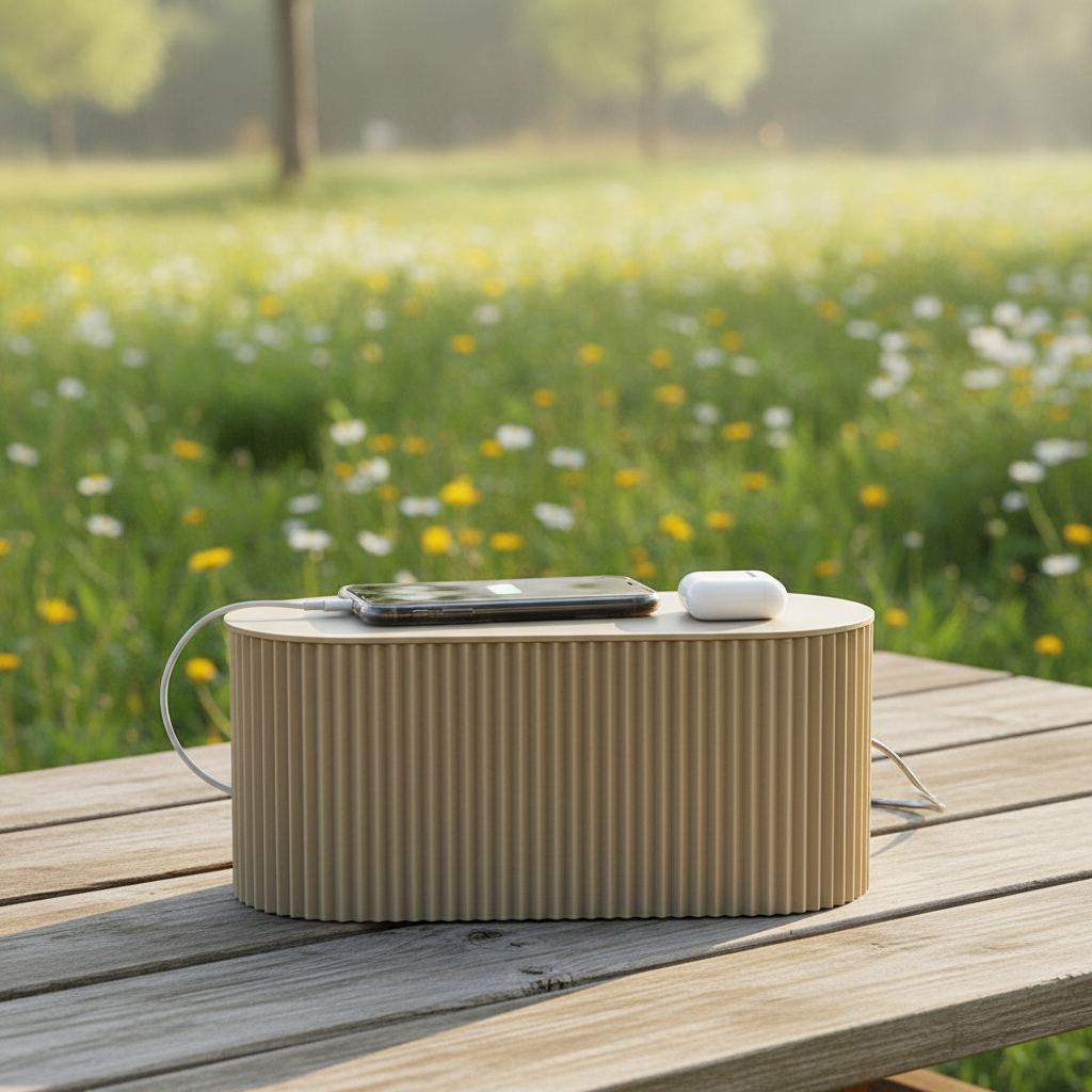 Snygg vit kabelbox för att dölja sladdar och organisera elektronik i hemmet eller kontoret, skapar ordning.