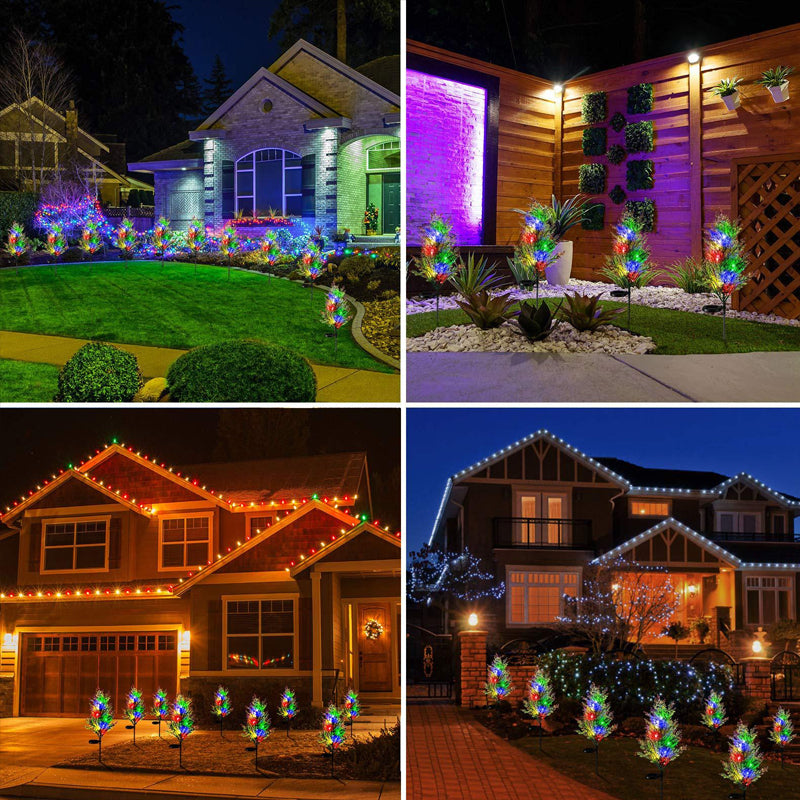 "Solcellsdriven RGB trädgårdsbelysning för jul, naturinspirerad design med cypress- och tallbladseffekt, magisk atmosfär."