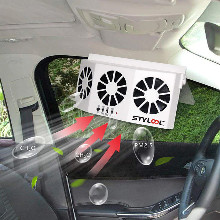 "Soldriven avgasfläkt för fordon, portabel, solcellsdriven, svart och vit design, effektiv ventilation och kylning."