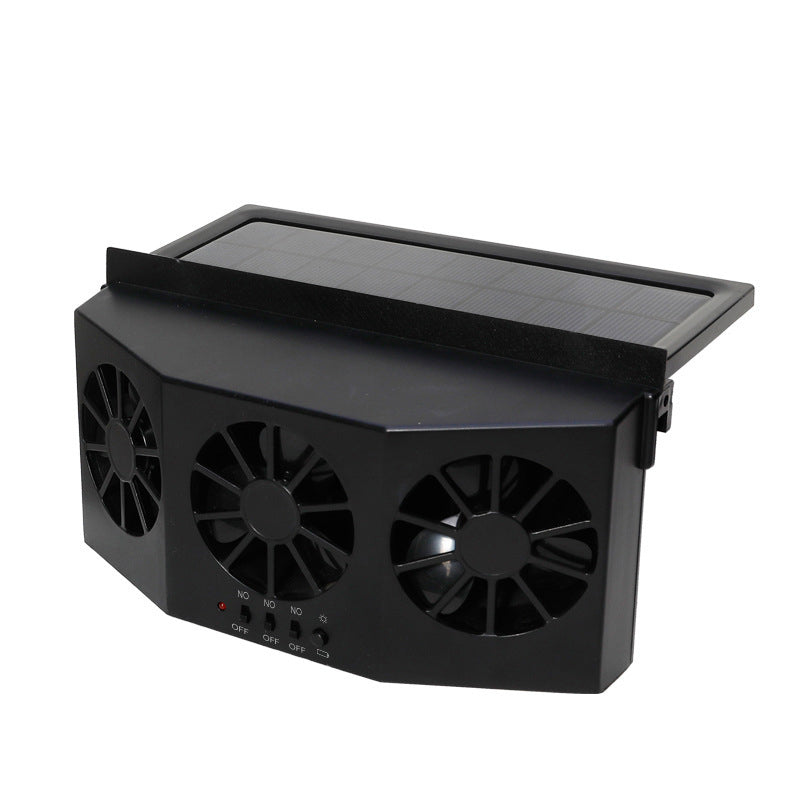 "Soldriven avgasfläkt för fordon, portabel, solcellsdriven, svart och vit design, effektiv ventilation och kylning."